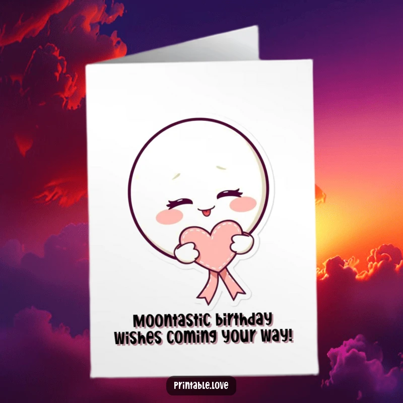 Funny Free Printable Birthday Card: Kawaii moon winks mischievously, holding a heart ribbon, perfect for laughs.