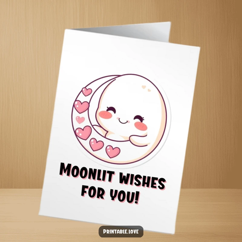 Funny Free Printable Birthday Card: A smiling moon character holds a heart crescent moon, sending love and warmth, perfect for greetings.