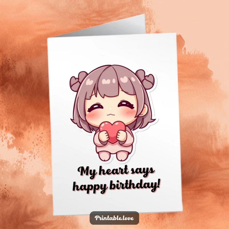 Funny Free Printable Birthday Card featuring a shy, blushing character holding a delicate heart, showing affection with a downloadable DIY design.