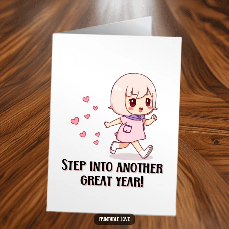 Funny Free Printable birthday card: A character confidently striding forward, leaving a sparkling trail of mini hearts behind.