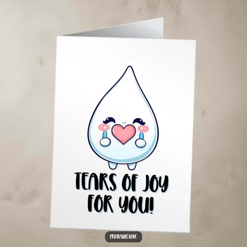 Funny Free Printable Birthday Card featuring a kawaii teardrop character crying happy, sparkly tears that form a heart.