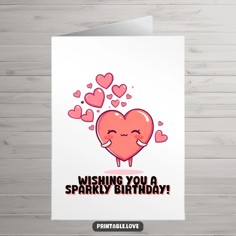 Funny Free Printable Birthday Card: A cute heart character blowing a big cloud of shimmering, sparkly hearts.