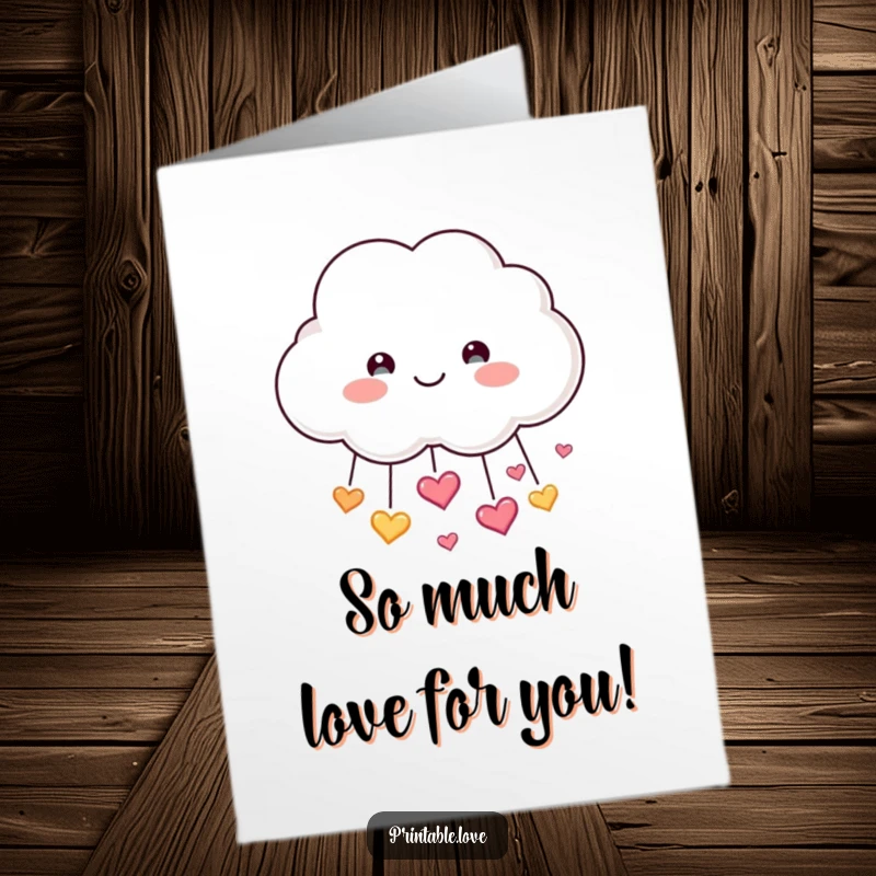 Funny free printable congratulations card with a smiling cloud raining sparkling hearts, celebrating someone's achievement with flair.