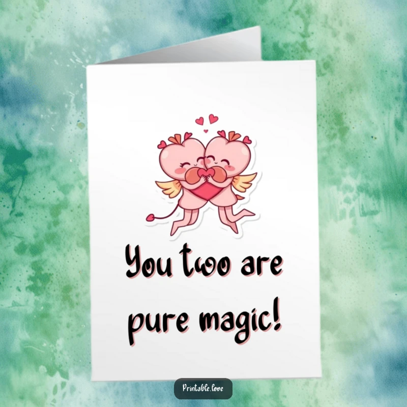 Funny Free Printable Congratulations Card: Two energetic heart characters in a silly, acrobatic embrace, cheering success.