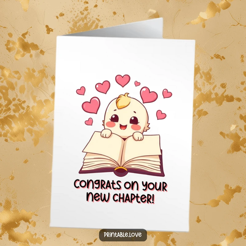 Funny Free Printable Congrats Card: A joyful book character with hearts flying from pages, celebrating a successful chapter, a great downloadable.