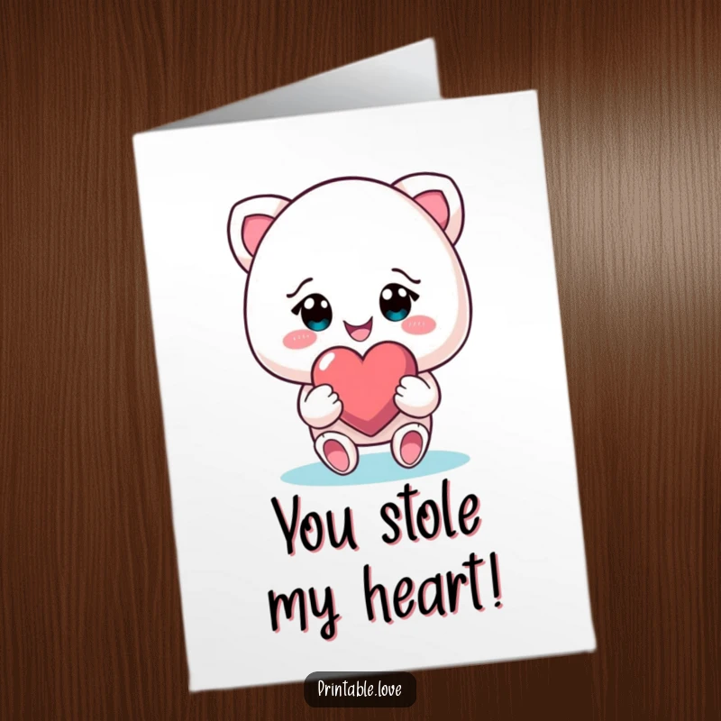 Funny Free Printable Congrats Card: Smiling character with beaming eyes joyfully presenting a shining heart.