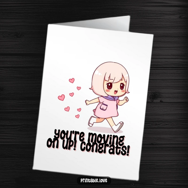 Funny Free Printable congrats card: A self-assured character striding forward with purpose, leaving a beautiful path of mini hearts.