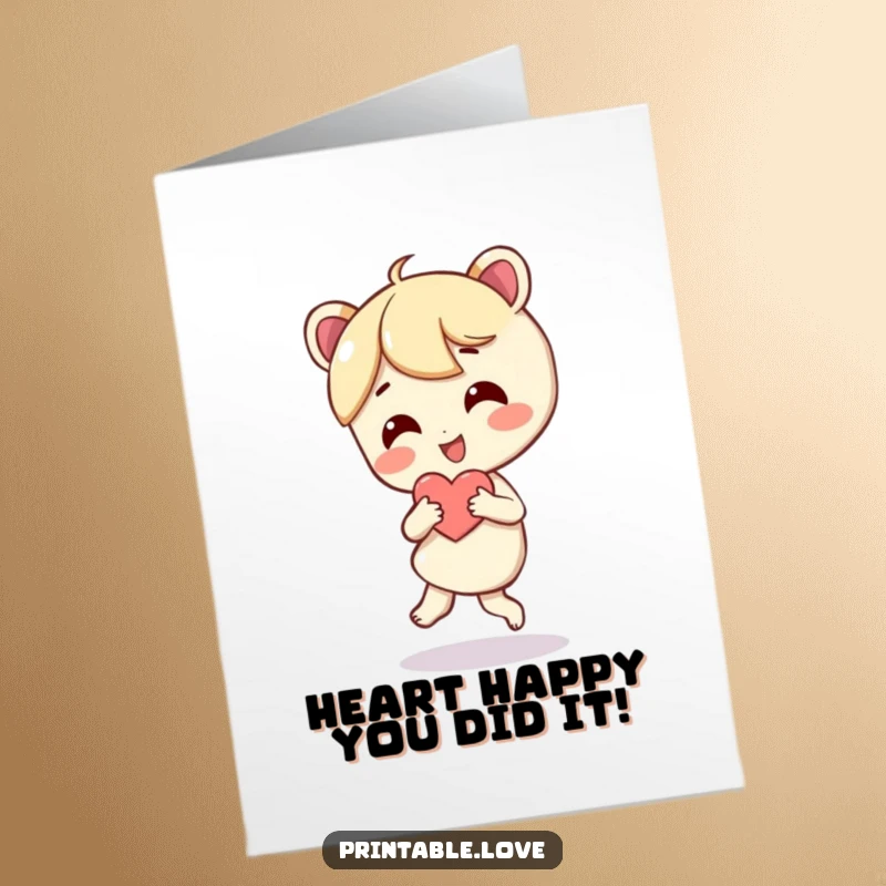 Funny Free Printable Congratulations Card: A character dances with glee, holding a heart tightly.