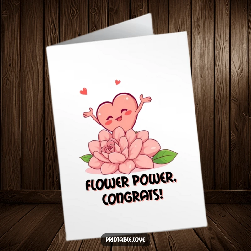 Funny Free Printable Congratulations Card: A chubby heart character trips spectacularly over a giant flower, arms windmilling, celebrating success with a comedic fall.
