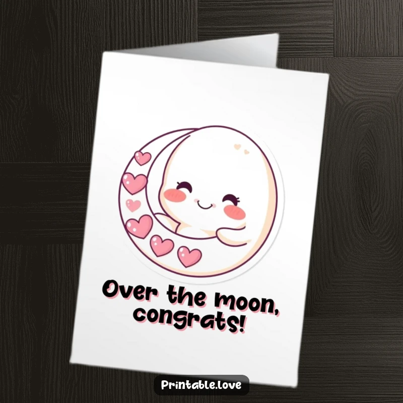 Funny Free Printable Congrats Card: A smiling moon character holds a heart crescent moon, symbolizing bright achievements, a great downloadable.