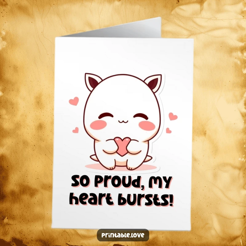 Funny Free Printable Congrats Card: Kawaii character blushing, shyly offering a heart, celebrating an achievement.