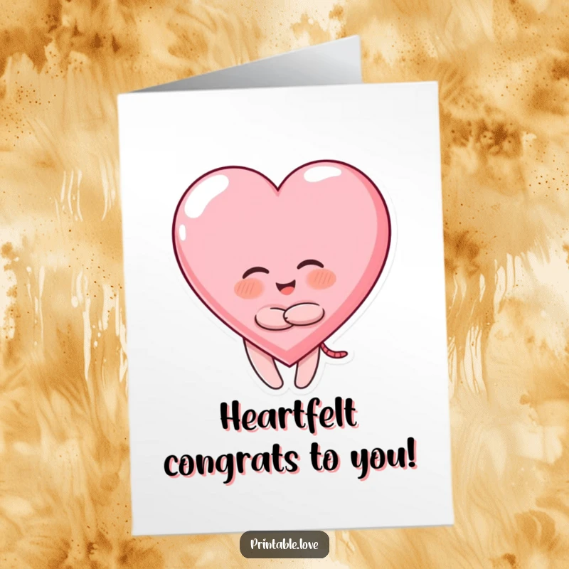 Funny Free Printable Card: Giggling character embracing a large heart, celebratory downloadable art.