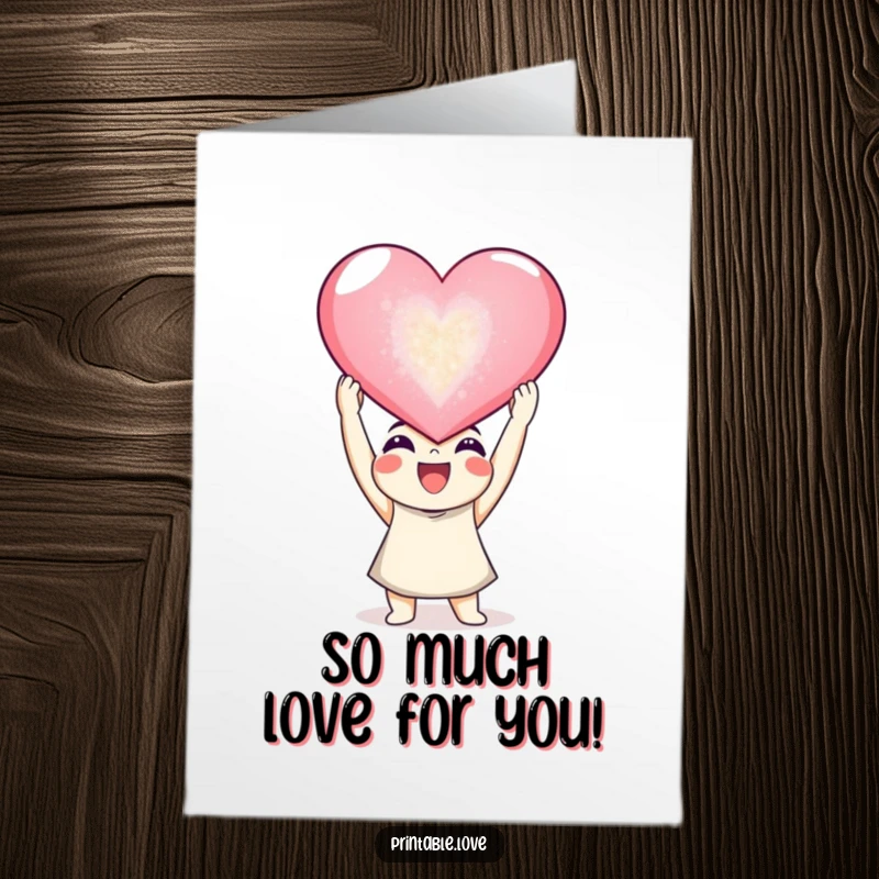 Free Printable Congratulations Card: Joyful character holding a giant, sparkling heart aloft to celebrate success.