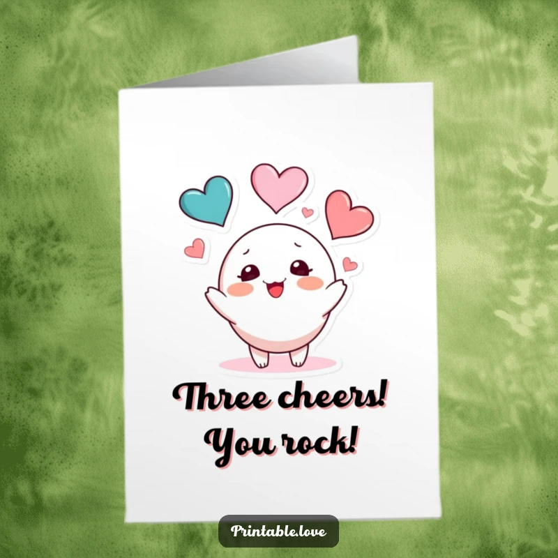 Funny Free Printable Juggling Hearts Congratulations Card: A blushing character tosses three colorful hearts, celebrating achievement.