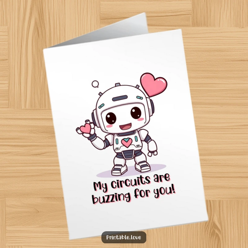 Funny Free Printable Congratulations Card: Kawaii robot bows with a heart, celebrating success with humor.