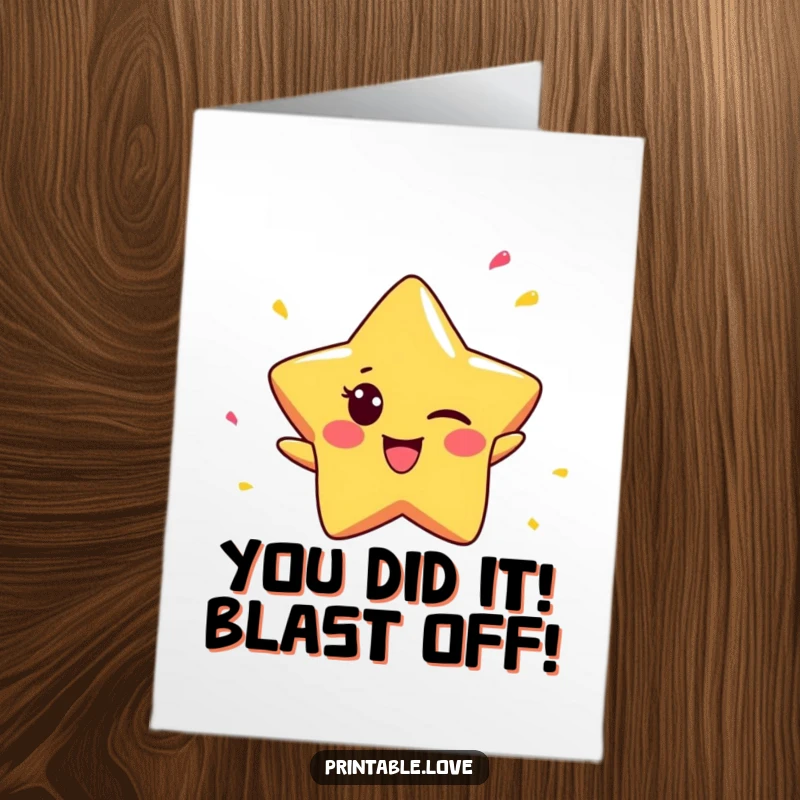 Free printable congratulations card with a tiny, winking star character tossing golden confetti, celebrating an achievement.