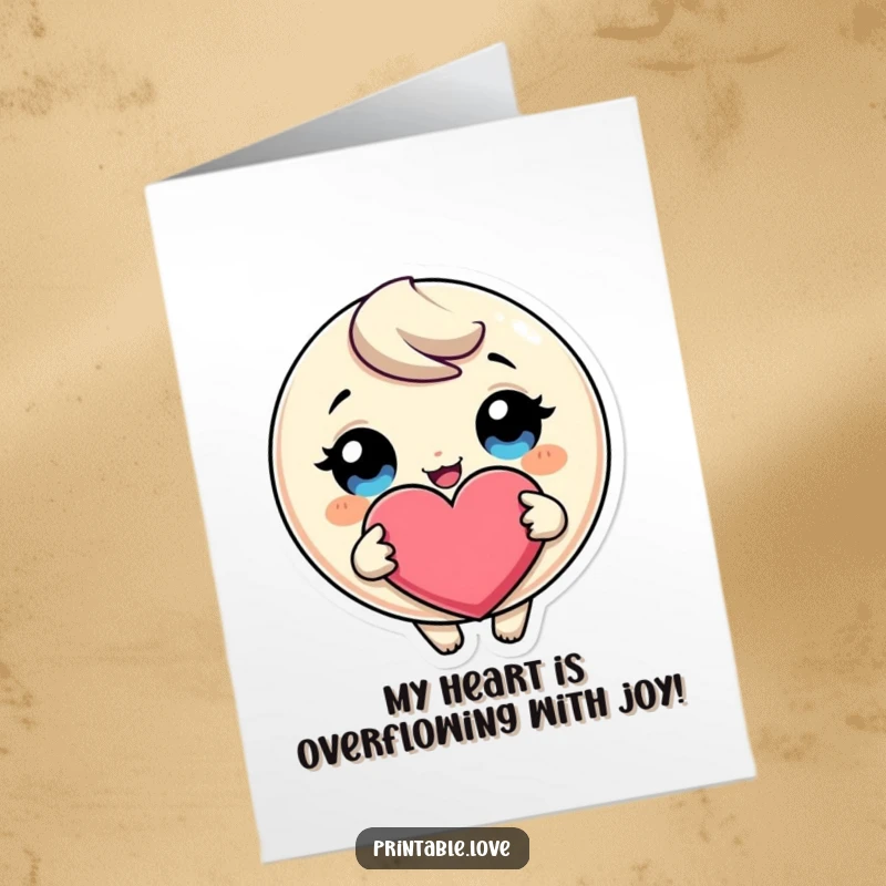 Funny Free Printable Giggling Heart Character Congrats Card with huge eyes, holding a giant heart, celebrating success joyfully.