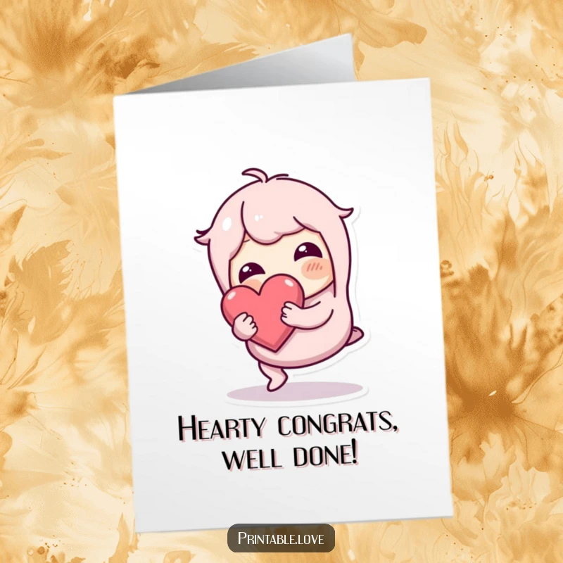 Funny Free Printable Congrats Card: Wobbly character stumbling but carefully holding a protected heart, signifying achievement.