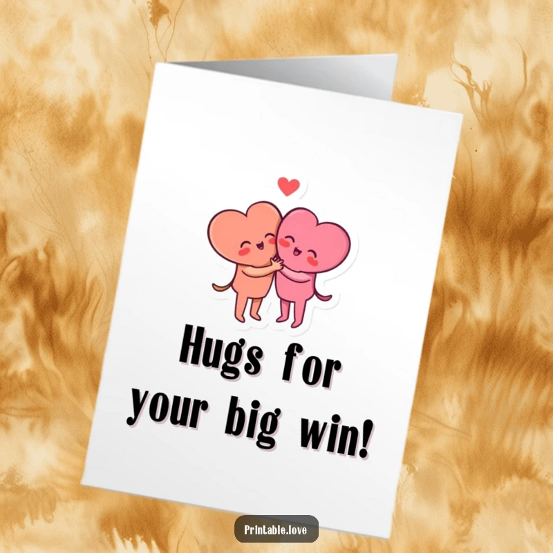 Funny Free Printable Congratulations Card featuring two small heart characters in a happy hug, celebrating achievements with warmth and affection.