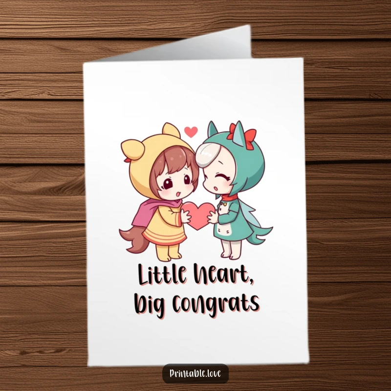 Free Printable Congratulations Card: Playful character shyly offering a heart to another character in congratulation.