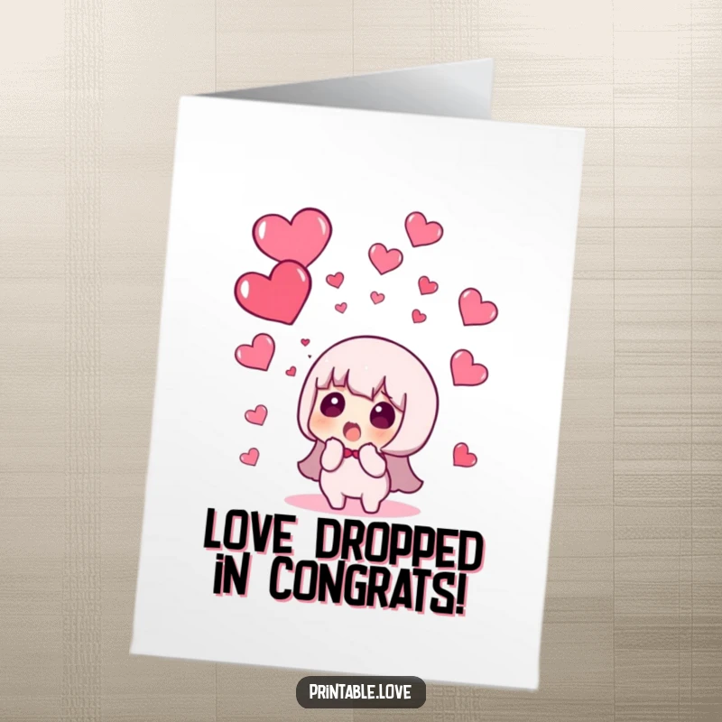 Funny Free Printable Congratulations Card: A character looks stunned as a heart rains down from the sky.
