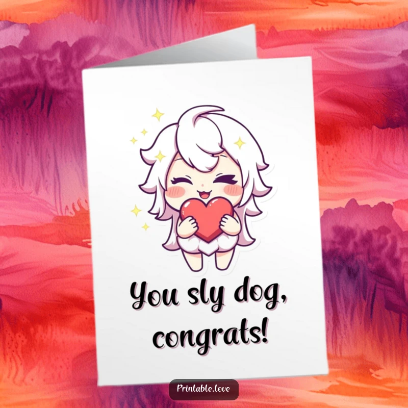 Funny Free Printable Sparkling Heart Character Congrats Card winking mischievously, holding a heart, celebrating clever success with style.