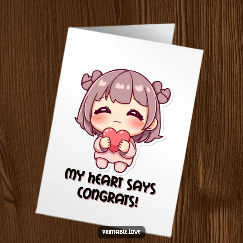 Funny Free Printable Congratulations Card with a blushing shy character holding a heart, perfect for a downloadable DIY celebratory message.