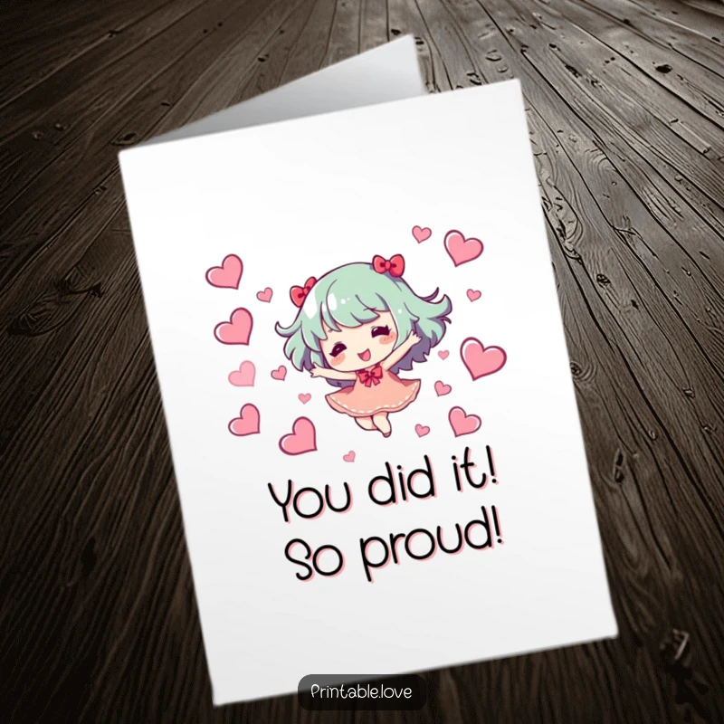 Funny free printable congratulations card showing a character dancing happily surrounded by hearts, celebrating a big win.