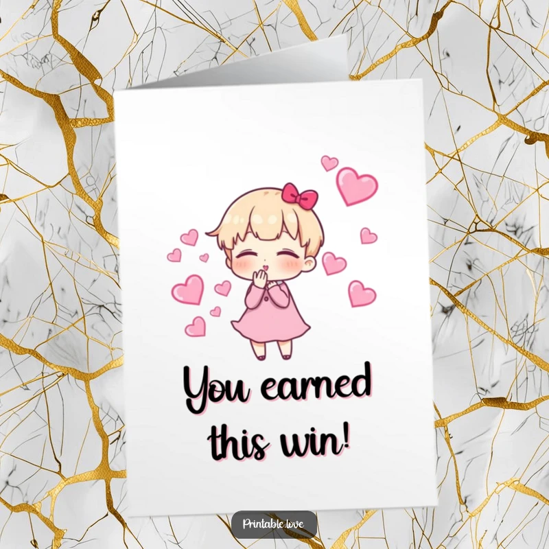 Funny Free Printable Congratulations Card with a character blowing kisses and floating hearts, ideal for sharing good news.