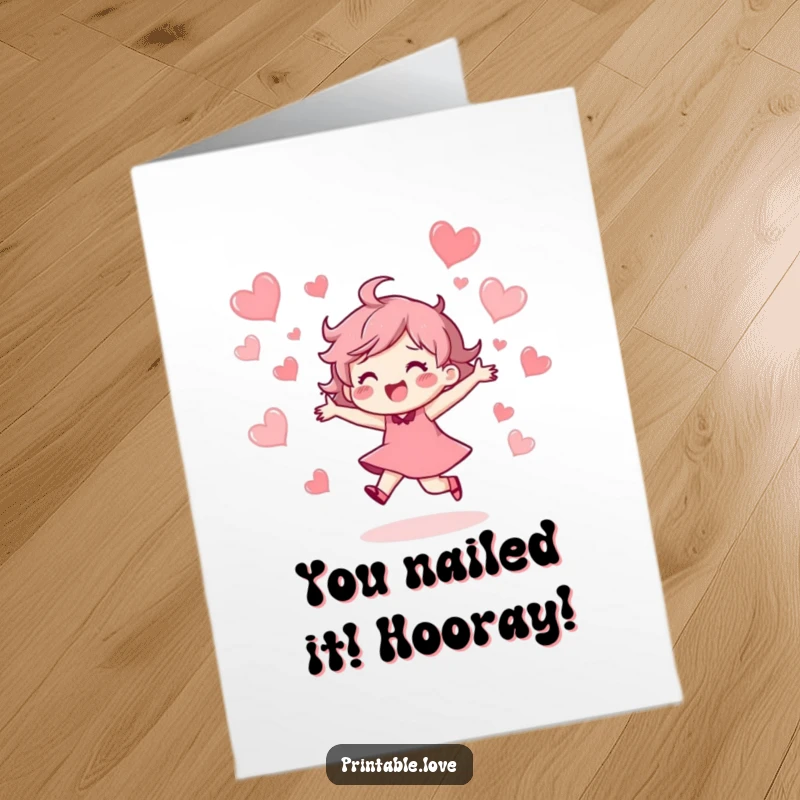 Funny Free Printable Congrats Card: Energetic character dancing with joyful abandon and floating hearts.