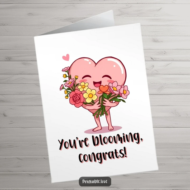 Free Printable Congrats Card: A giggling heart character holding flowers, a cheerful way to celebrate your success, DIY gift.