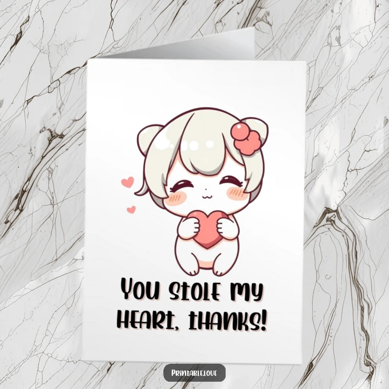 Funny Free Printable Blushing Heart Character Thank You Card gently pushing a heart, conveying shy thanks and warm feelings.