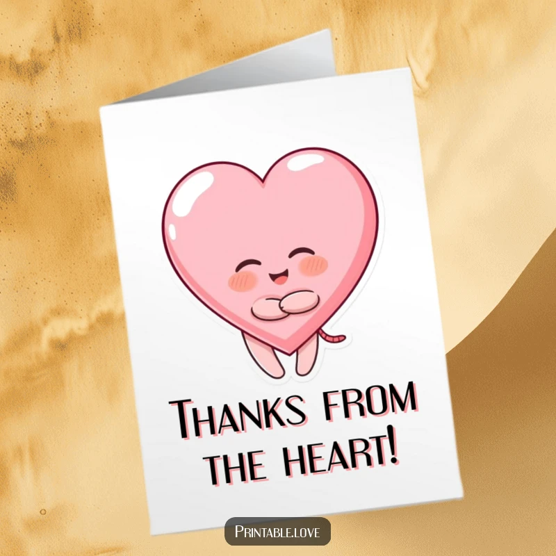 Free Printable Thank You Card: Giggling character hugging a big heart, funny DIY thank you.