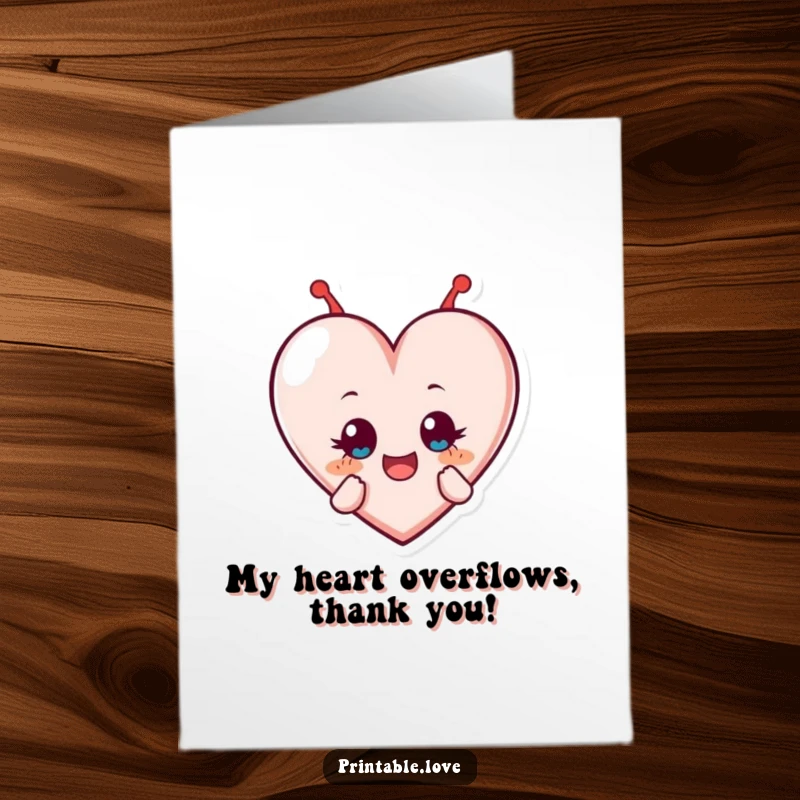 Funny Free Printable Thank You Card: A heart character tumbling forward, eyes wide with delight, expressing sincere thanks.