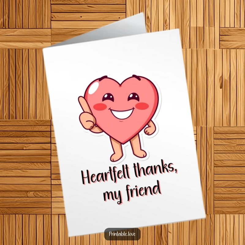 Funny Free Printable thank you card: A heart character points playfully with a big grin, showing gratitude humorously.