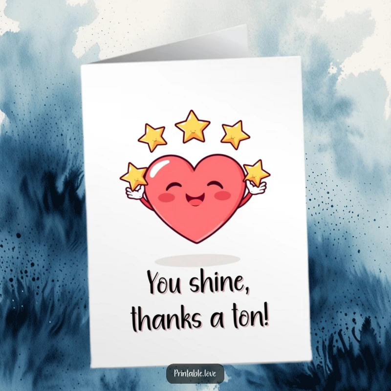 Funny Free Printable Thank You Card: A heart character grinning silly while juggling stars, expressing thanks with cosmic flair.