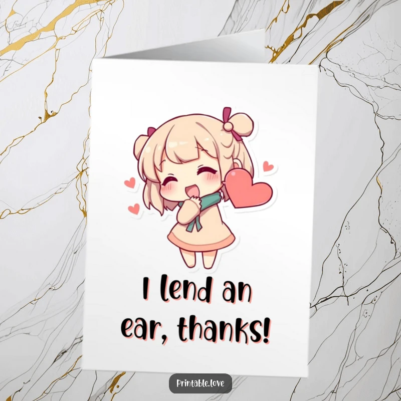 Funny Free Printable Secret Whispers Thank You Card: Character whispers secrets into a heart-shaped ear, conveying thanks.