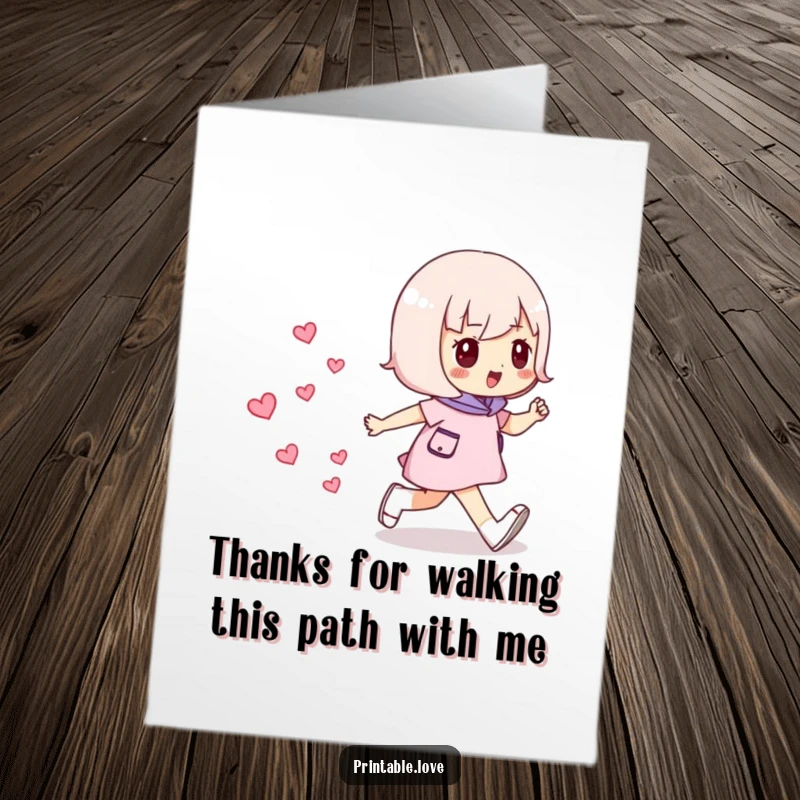 Funny Free Printable thank you card: A character moving forward with confidence, leaving a delightful trail of tiny hearts.