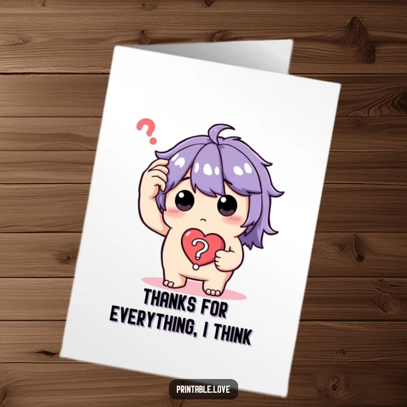 Funny Free Printable Thank You Card of a perplexed character holding a heart question mark, expressing bewildered gratitude.