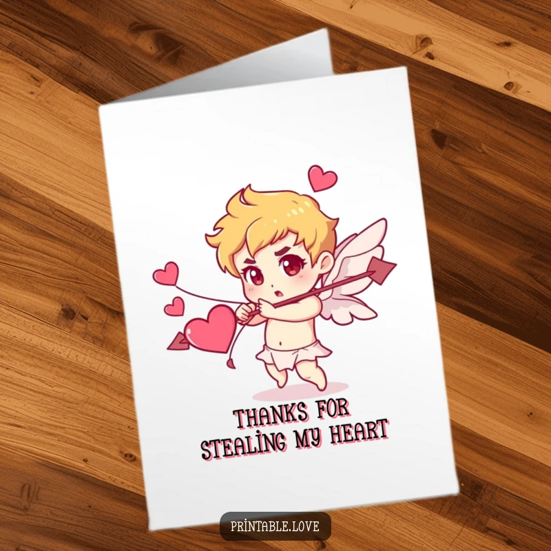 Funny Free Printable Thank You Card: A determined Cupid shoots a heart arrow, conveying deep thanks and affection.