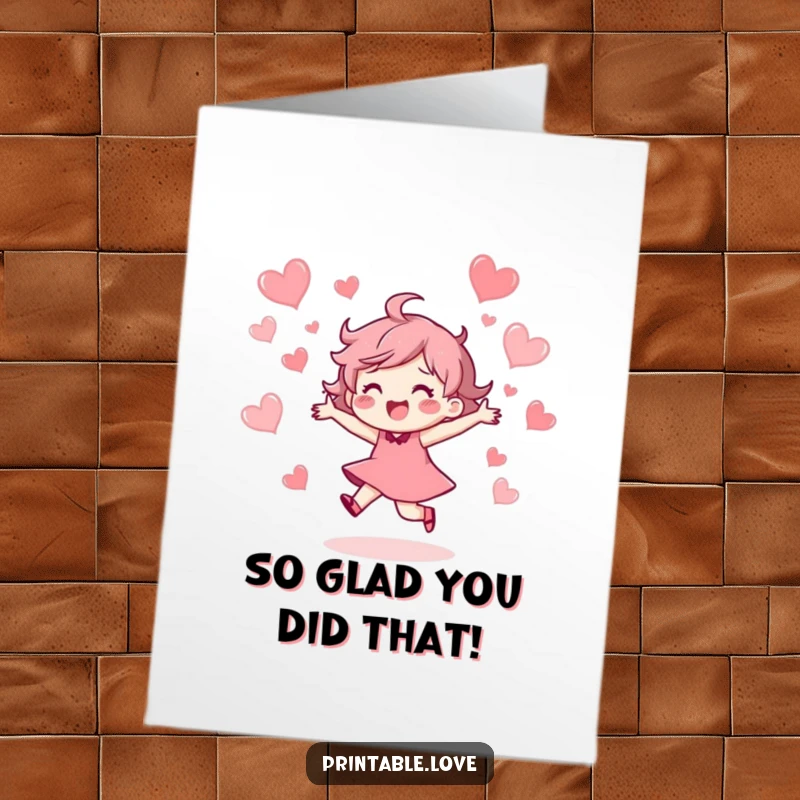 Funny Free Printable Thank You Card: Character dancing with hearts, expressing joyful thanks.