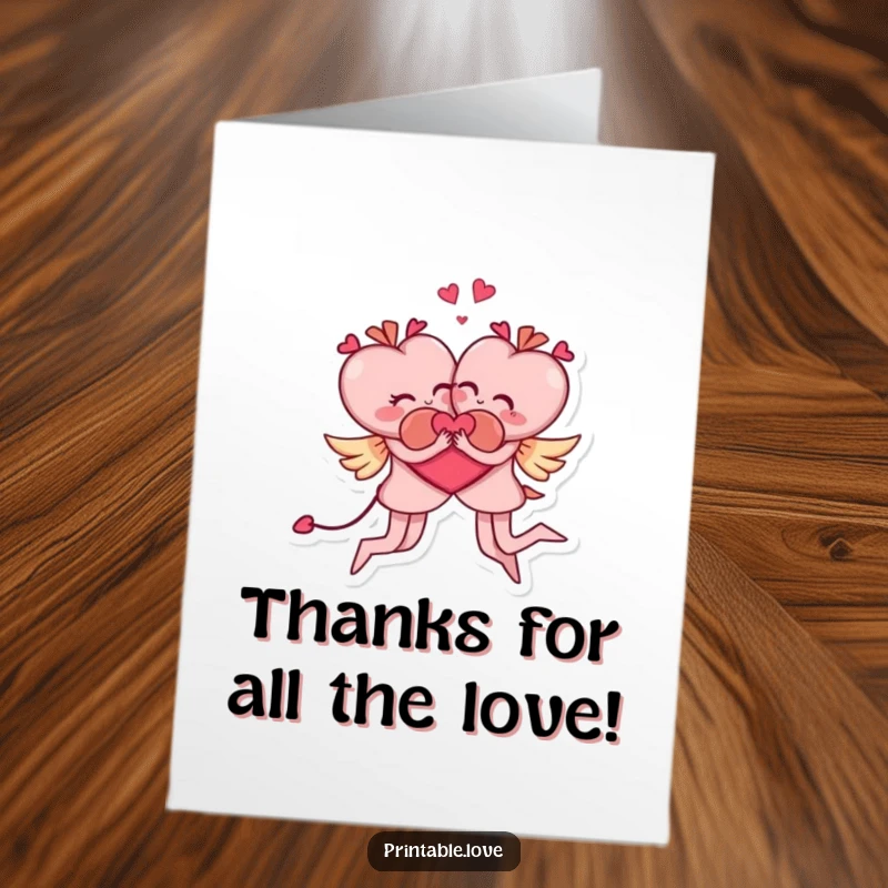 Funny Free Printable Thank You Card: Two loving heart characters in a whimsical acrobatic embrace, saying thanks.