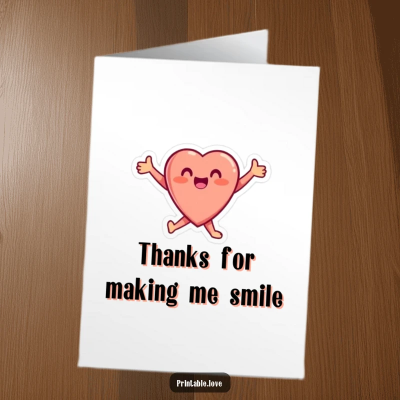 Free Printable Thank You Card: A heart character leaping with joy, arms outstretched, a delightful way to say thank you, DIY gift.
