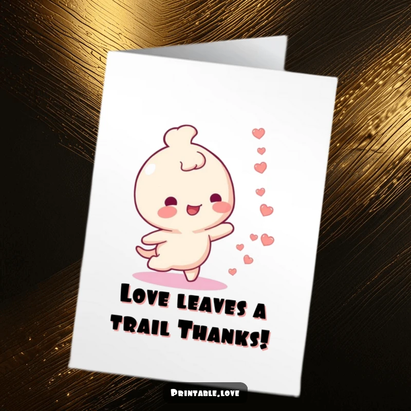Funny Free Printable Thank You Card: A happy character joyfully leaves a path of tiny floating hearts.