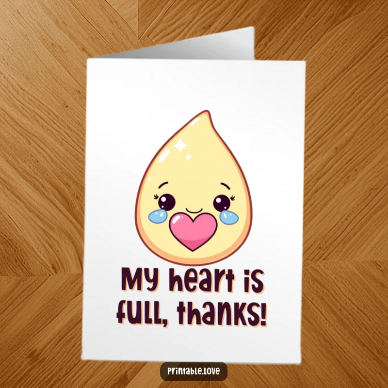 Funny Free Printable Thank You Card: Kawaii teardrop character sheds happy tears, forming a heartfelt symbol.