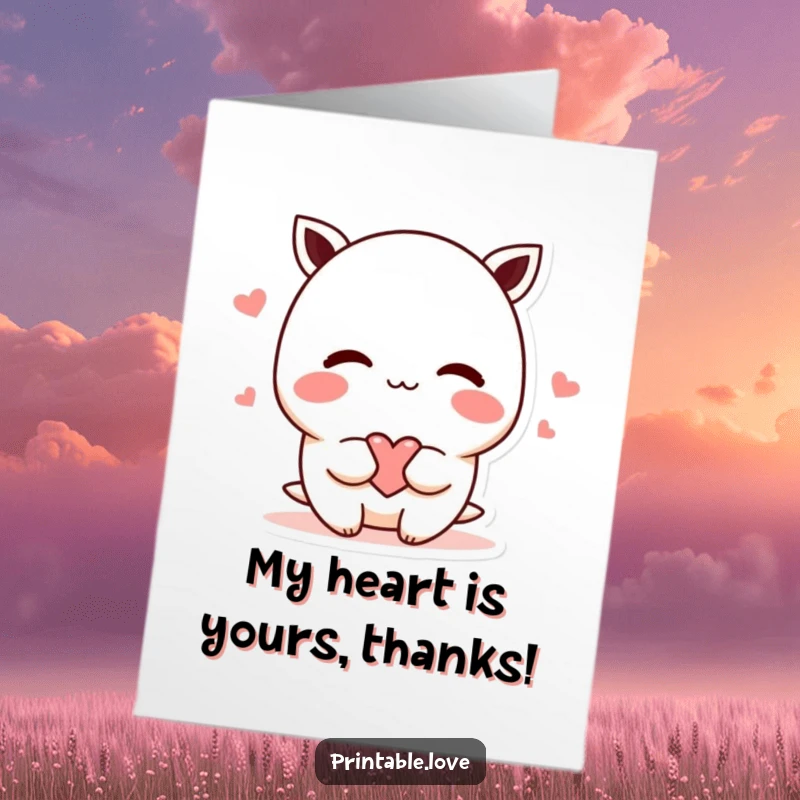 Funny Free Printable Thank You Card: Kawaii character blushing, shyly offering a heart, expressing sweet appreciation.