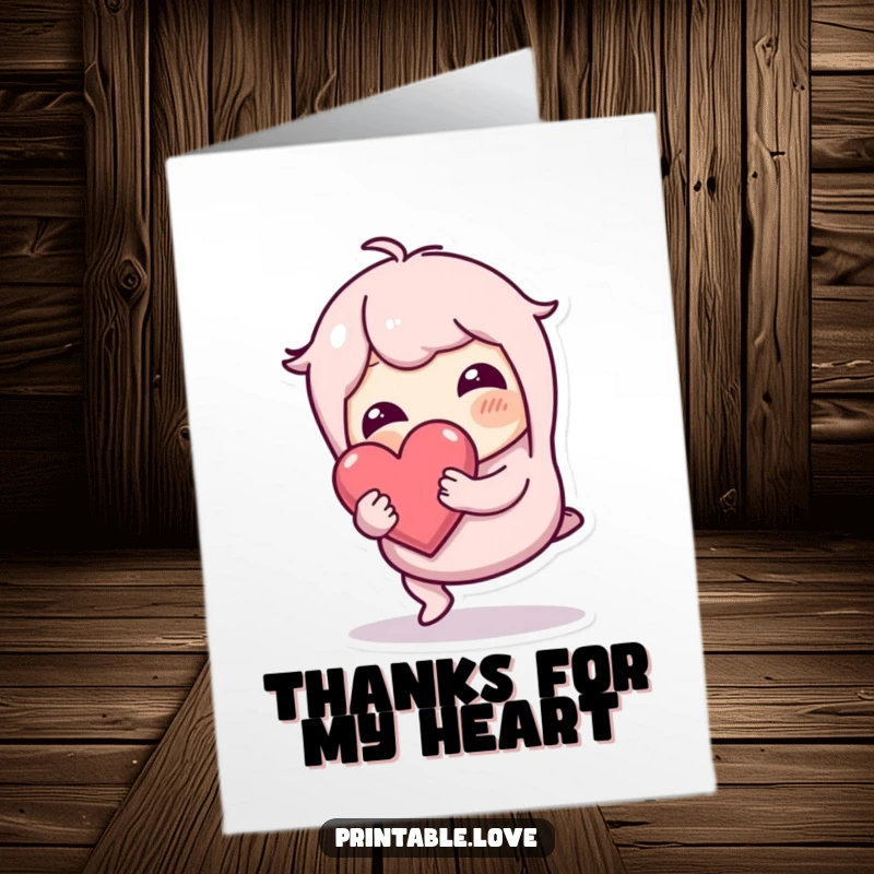 Funny Free Printable Thank You Card: Wobbly character tripping but securely holding a heart, expressing gratitude for effort.