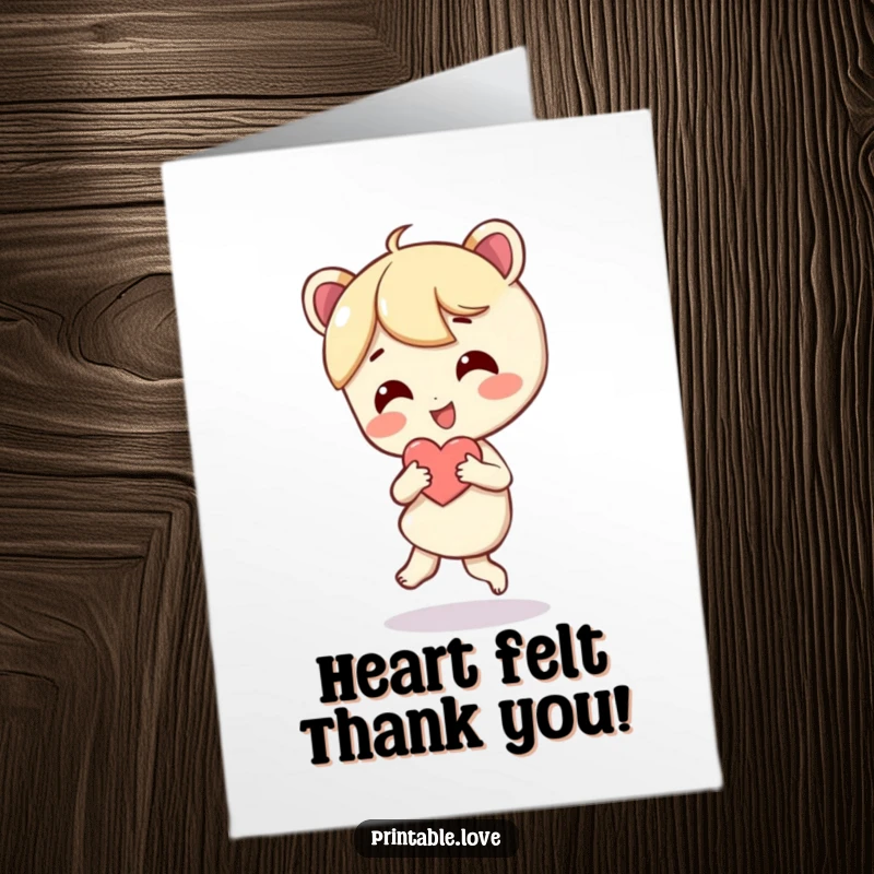 Funny Free Printable Thank You Card: Character happily dances while holding a heart.