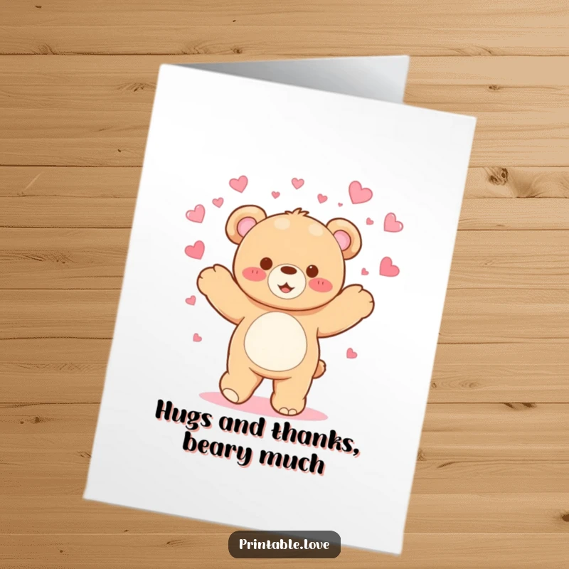 Funny Free Printable Thank You Card: Kawaii teddy bear dancing, showering hearts with gratitude and joy.