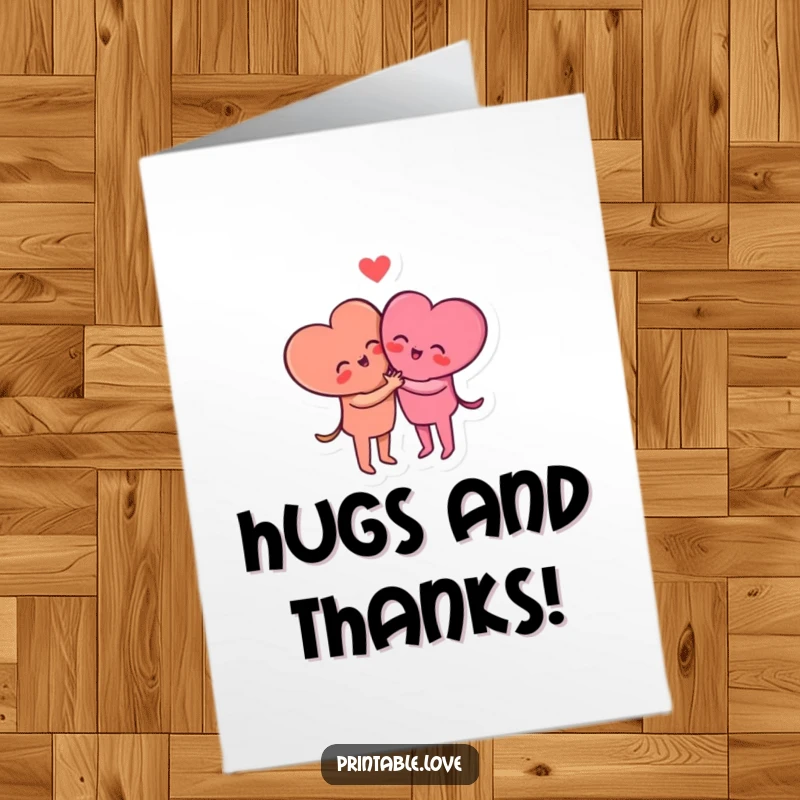 Funny Free Printable Thank You Card depicting two small heart characters in a happy hug, offering a sweet and humorous expression of thanks.
